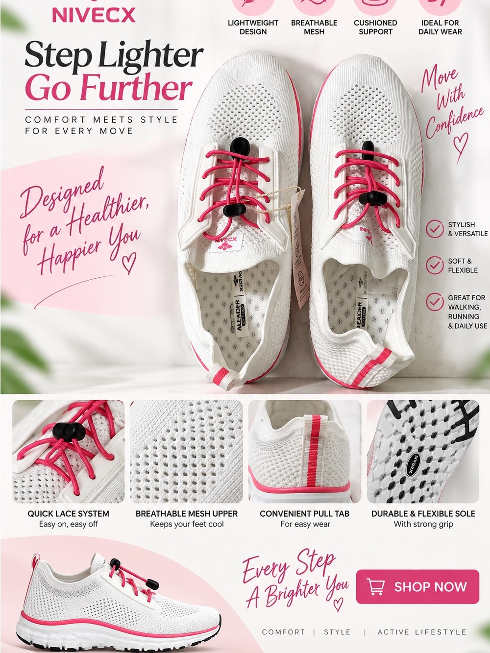 Women’s White and Pink Breathable Walking Shoes